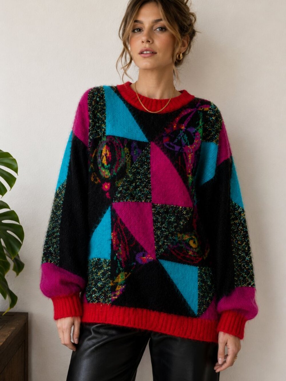 Vintage Carducci Mohair Art Sweater L Color Block Sequin Patchwork Knit 80s